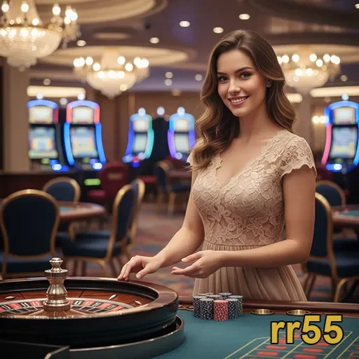 Uma jogadora sorridente na plataforma rr55, rodeada de slots.