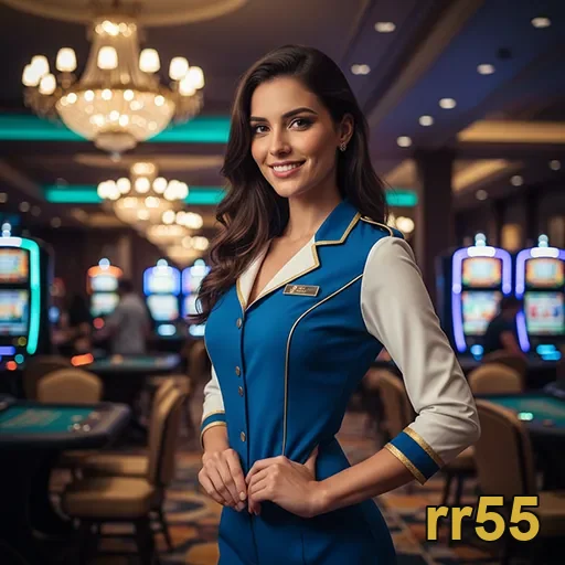 Funcionária sorridente de cassino na rr55 com máquinas de slots ao fundo.