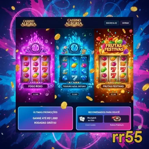 Tela do aplicativo rr55 com slots e promoções em destaque.