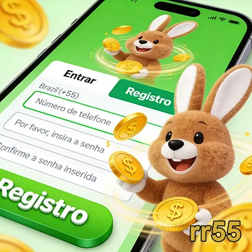 Tela de registro no rr55 com animação de coelho e moedas.