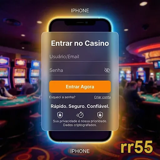 Tela de login do cassino rr55 com jogos ao fundo.