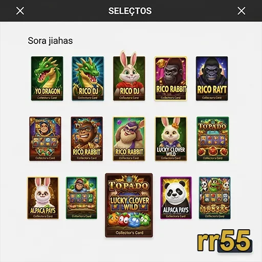 Cartões de personagens de jogos ao vivo da rr55 em destaque.