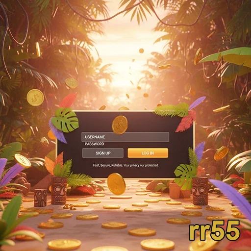 Tela de login da rr55 com moedas e elementos tropicais.