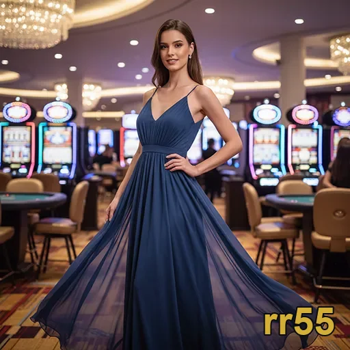 Jogadora em destaque no cassino rr55 com máquinas a fundo.