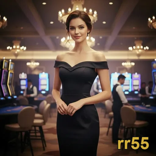 Mulher elegante em um cassino da rr55, com slots ao fundo.