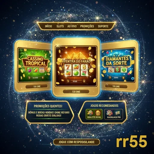 Tela do site rr55 com slots e jogos ao vivo destacados.
